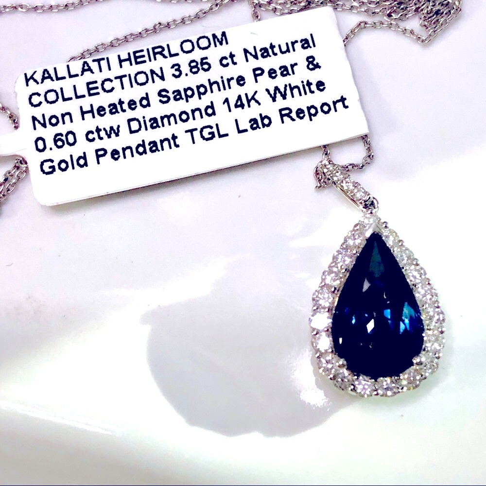 3.85 ct CERTIFIED NO HEAT SAPPHIRE and diamond pendant in 14kktwhite gold 18”